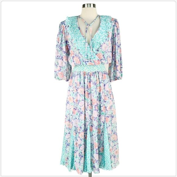 Assorti Susan Freis Vintage 80s Pastel Floral Ruffle Pleated Smocked Dress XS - Picture 2 of 5